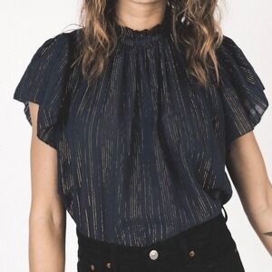Trovata Birds of Paradis Carla Metallic Navy Stripe High Neck Top Size Small
